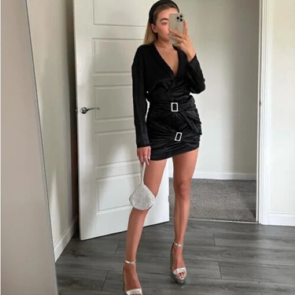 Zara Jewel Trim Satin Effect Black Dress